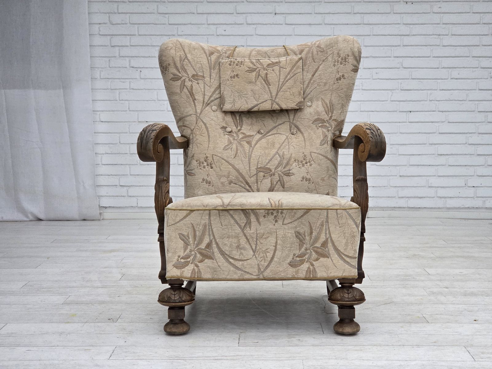 1960s, Danish Armchair, Beige/Brown Furniture Fabric, Carved Oak Wood. photo 1220.0