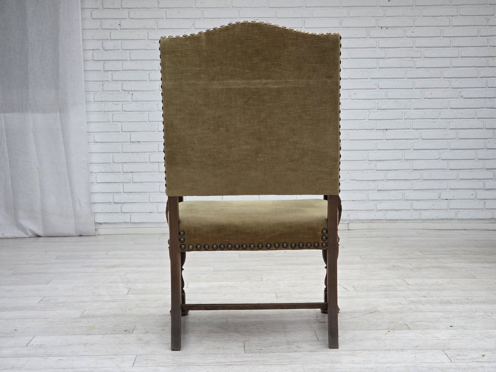 Furniture 1950s, Danish Highback Armchair, Hand Woven Wool, Velour, Carved Oak Wood. photo