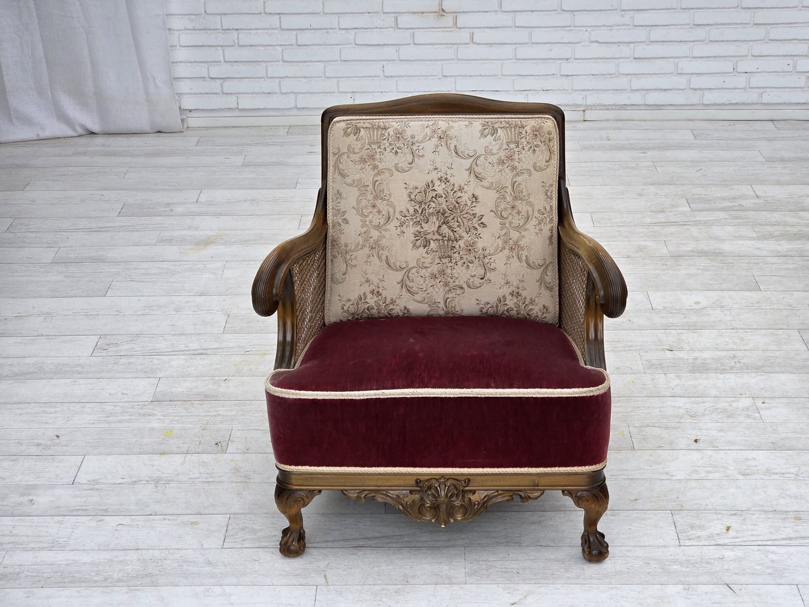 1940s, Danish Armchair, Woven Wool, Velour, Furniture Mesh, Carved Oak Wood. photo Furniture