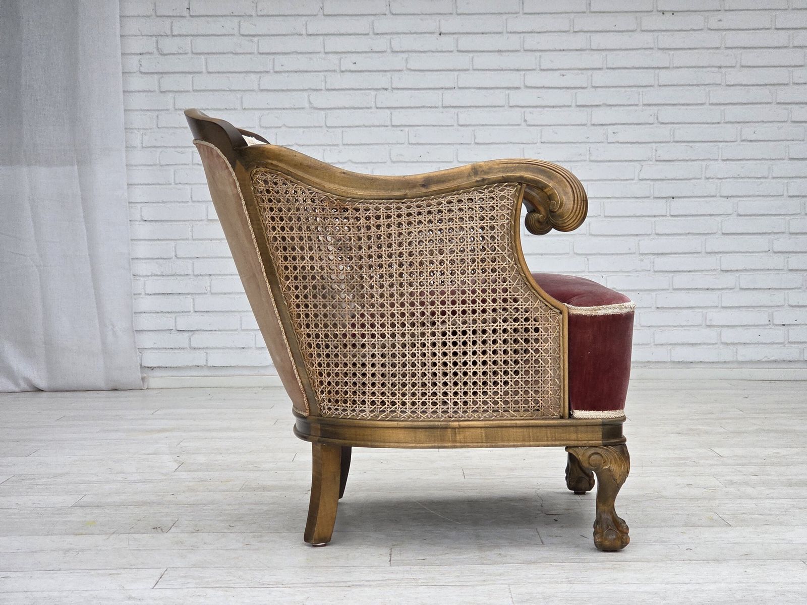 1940s, Danish Armchair, Woven Wool, Velour, Furniture Mesh, Carved Oak Wood. photo 1390.0