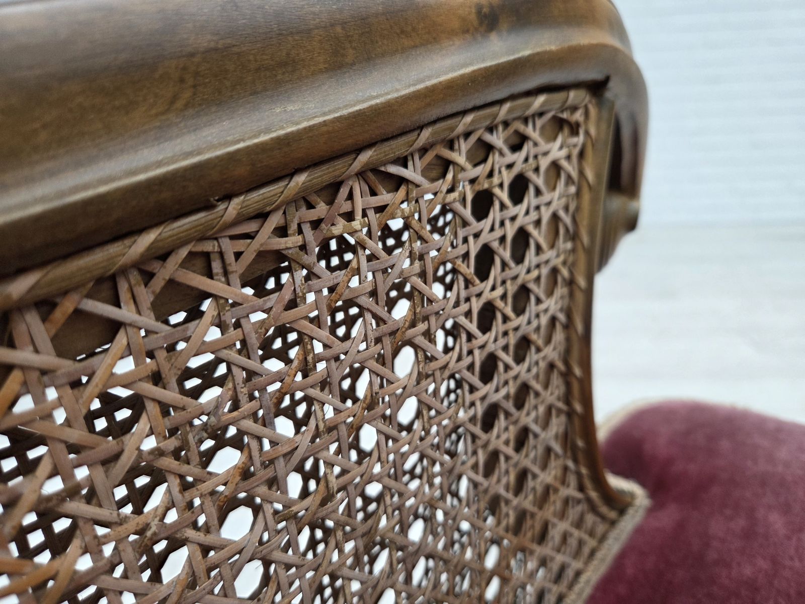 photo furniture 1940s, Danish Armchair, Woven Wool, Velour, Furniture Mesh, Carved Oak Wood.