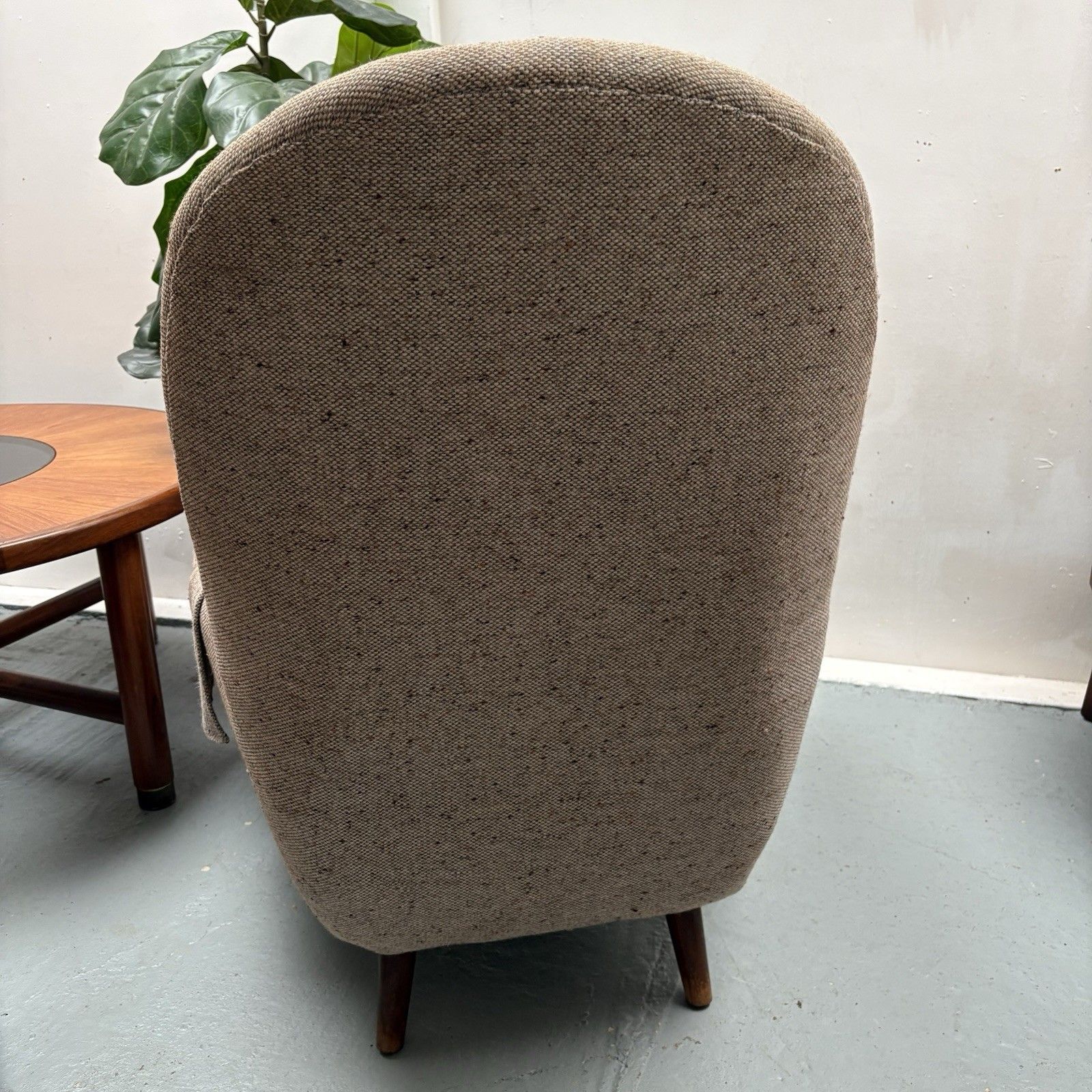 Mid Century Low & Deep Round Back Accent Oatmeal Tweed Upholstery Armchair photo vintage