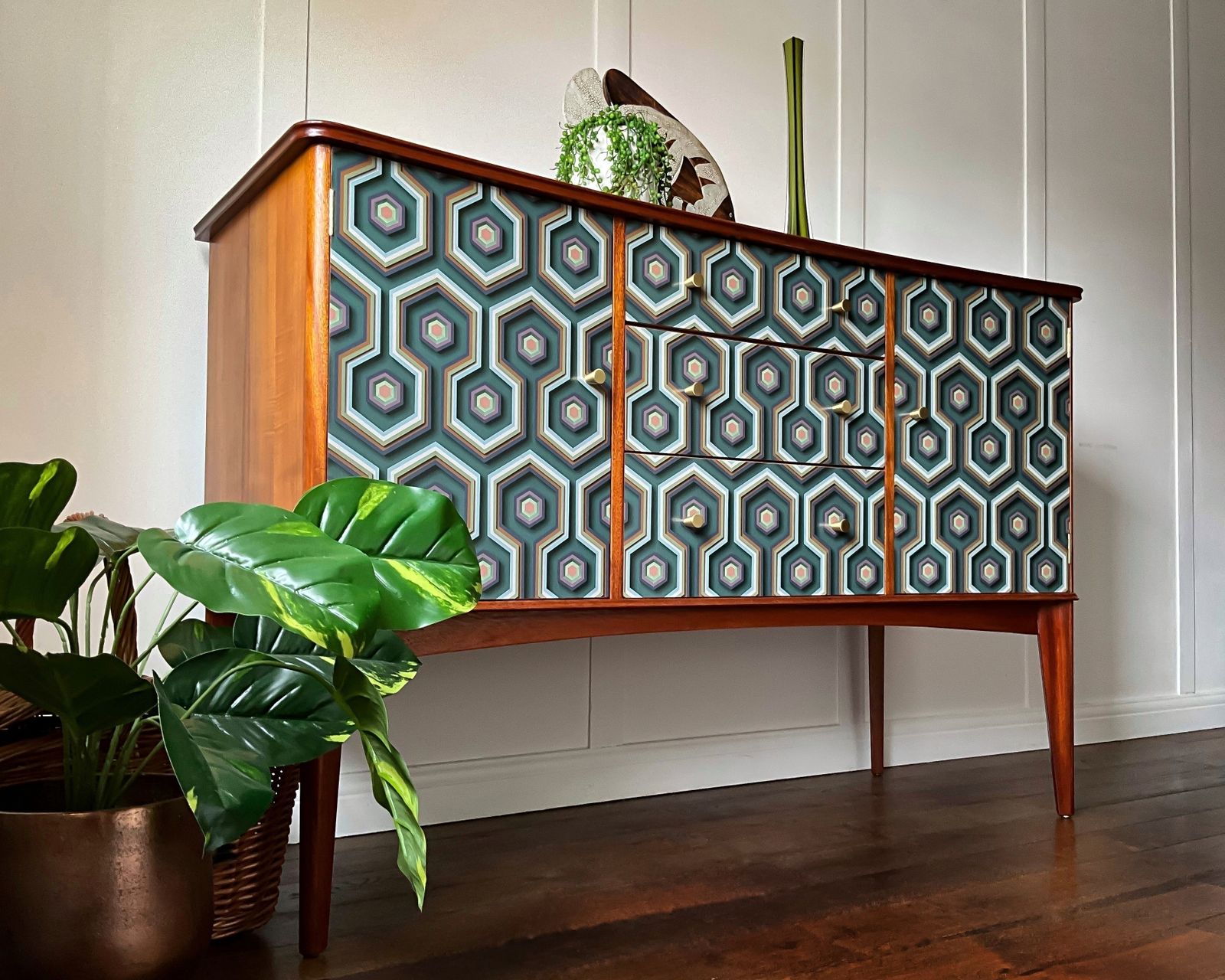Walnut & Teak,  Mid Century Modern, Geometric Tv Stand, Media Cabinet