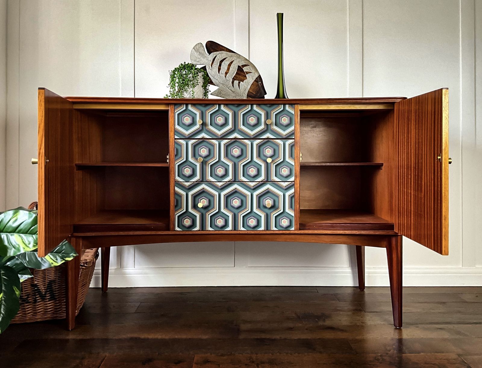 Walnut & Teak,  Mid Century Modern, Geometric Tv Stand, Media Cabinet photo for sale