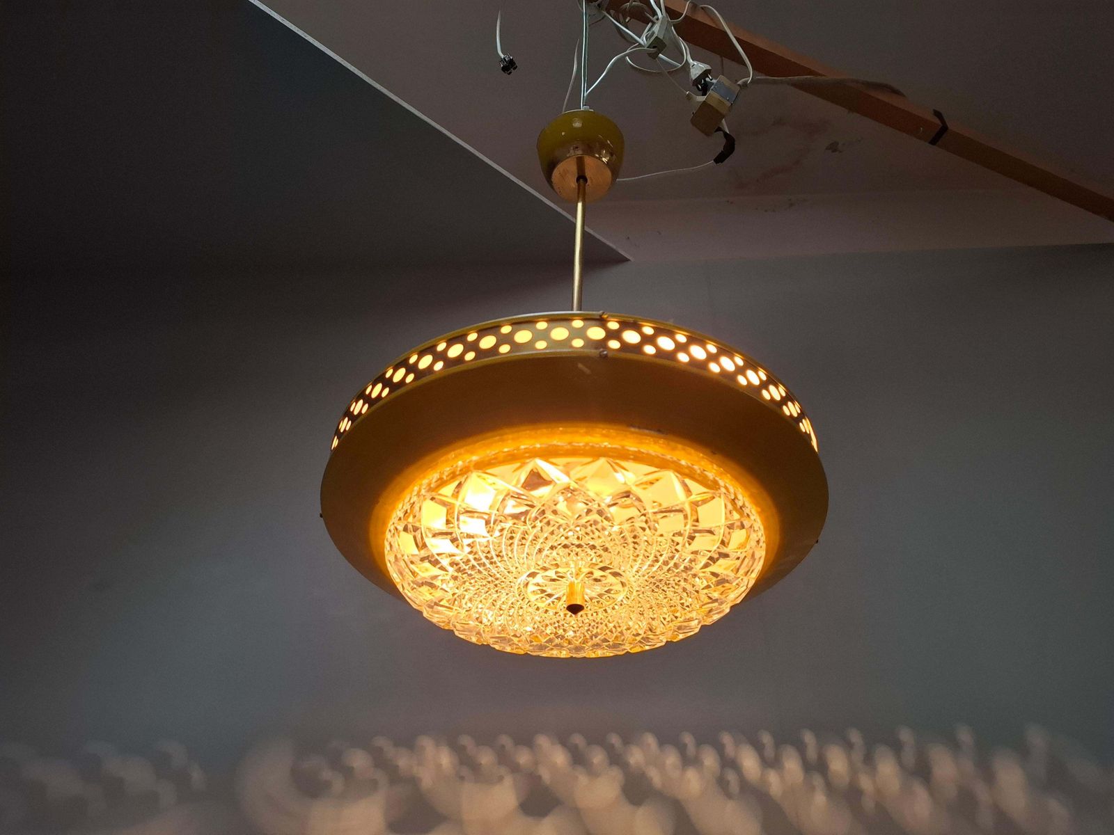 photo furniture 1970s Ludib Mid Century Pendant Lamp In Yellow Metal, Brass And Glass