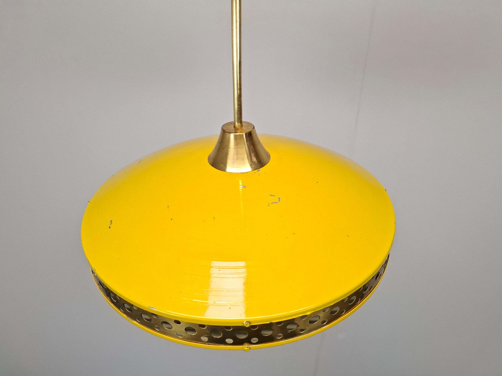 photo vintage 1970s Ludib Mid Century Pendant Lamp In Yellow Metal, Brass And Glass