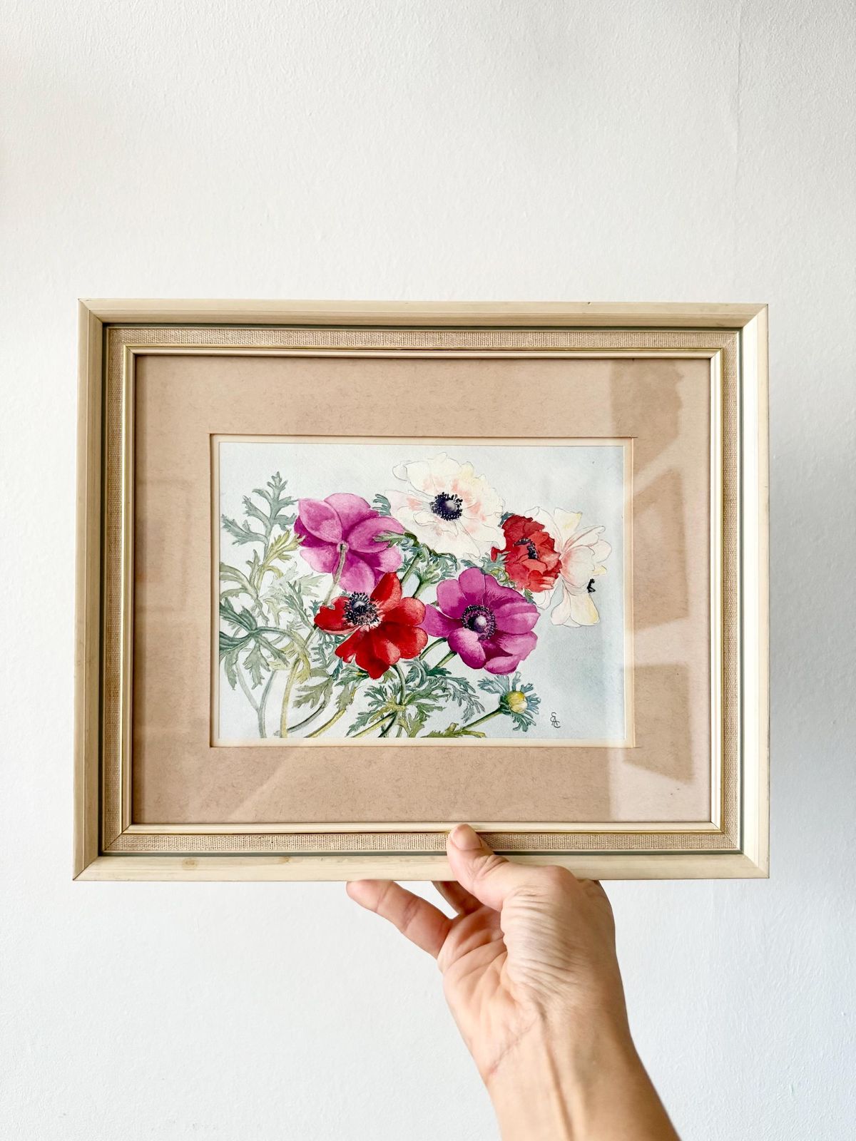 Original Signed Watercolour Painting Representing Poppy Flowers Bouquet Wall Hanging Monogrammed Framed Art Gouache photo buy