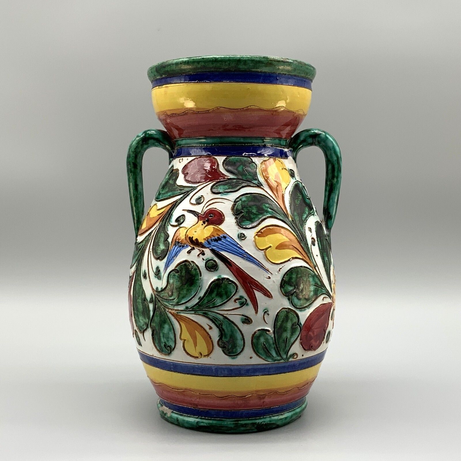 Vintage Italian Polychrome Majolica Twin Handled Vase With Flowers And Birds