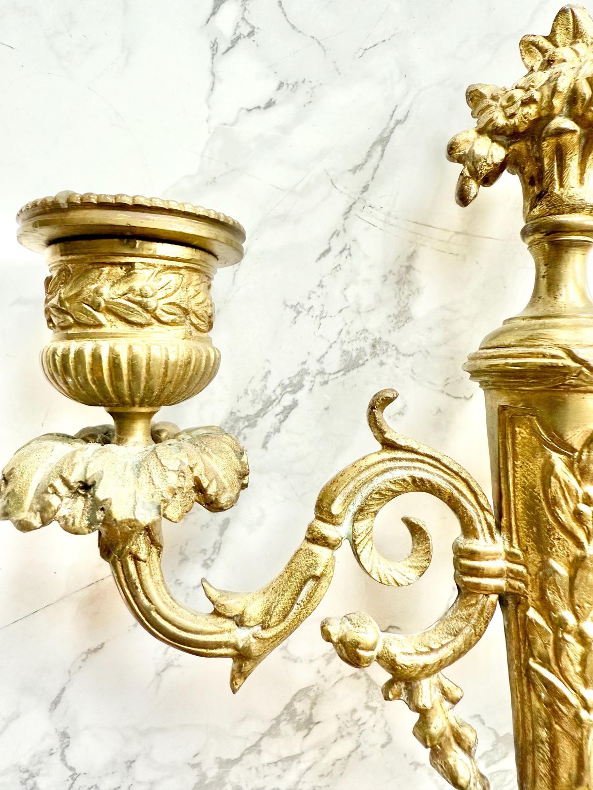 Pair Of Antique French Ormoulu Gilded Bronze And White Marble 2 Lights Candle Sticks Holders Louis XVI Style Neoclassical Decor Chateau photo for sale