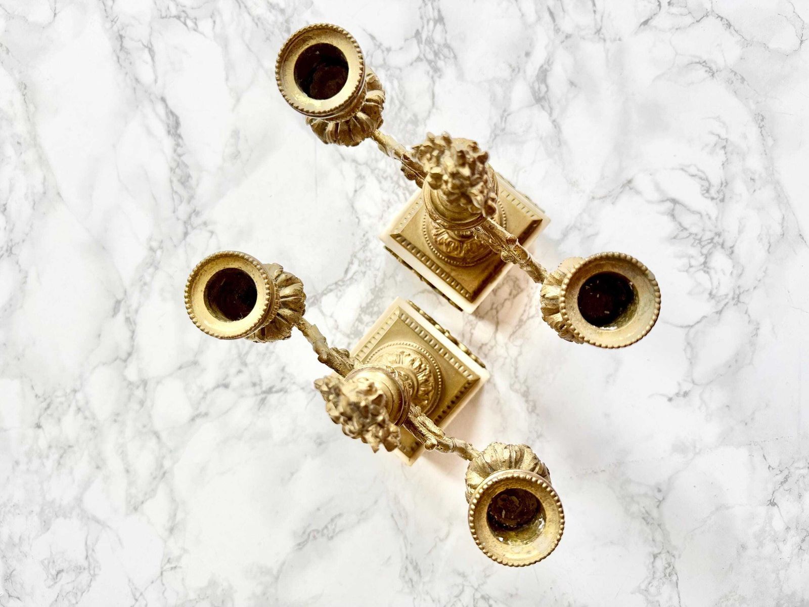 Pair Of Antique French Ormoulu Gilded Bronze And White Marble 2 Lights Candle Sticks Holders Louis XVI Style Neoclassical Decor Chateau photo buy