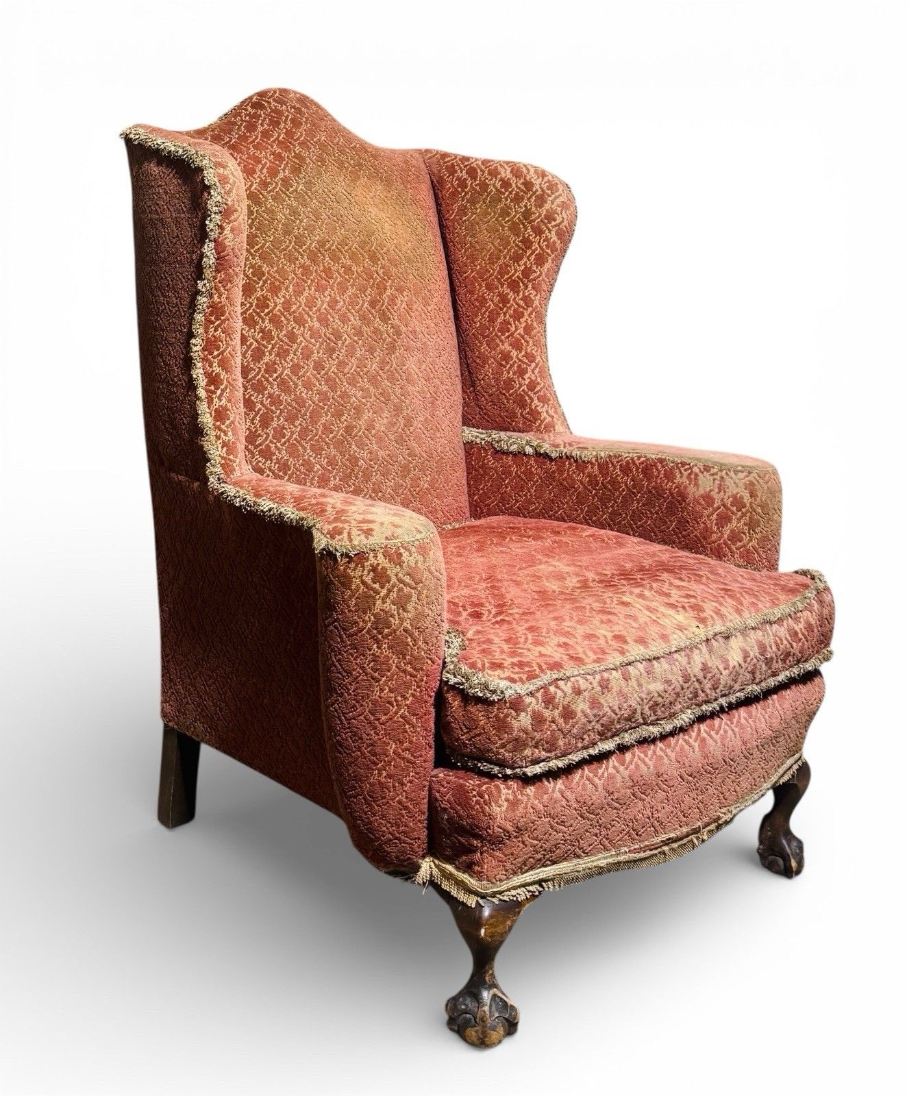 Antique Walnut Wing Back Armchair Claw And Ball Feet Queen Anne Style C1910 Rare photo Furniture