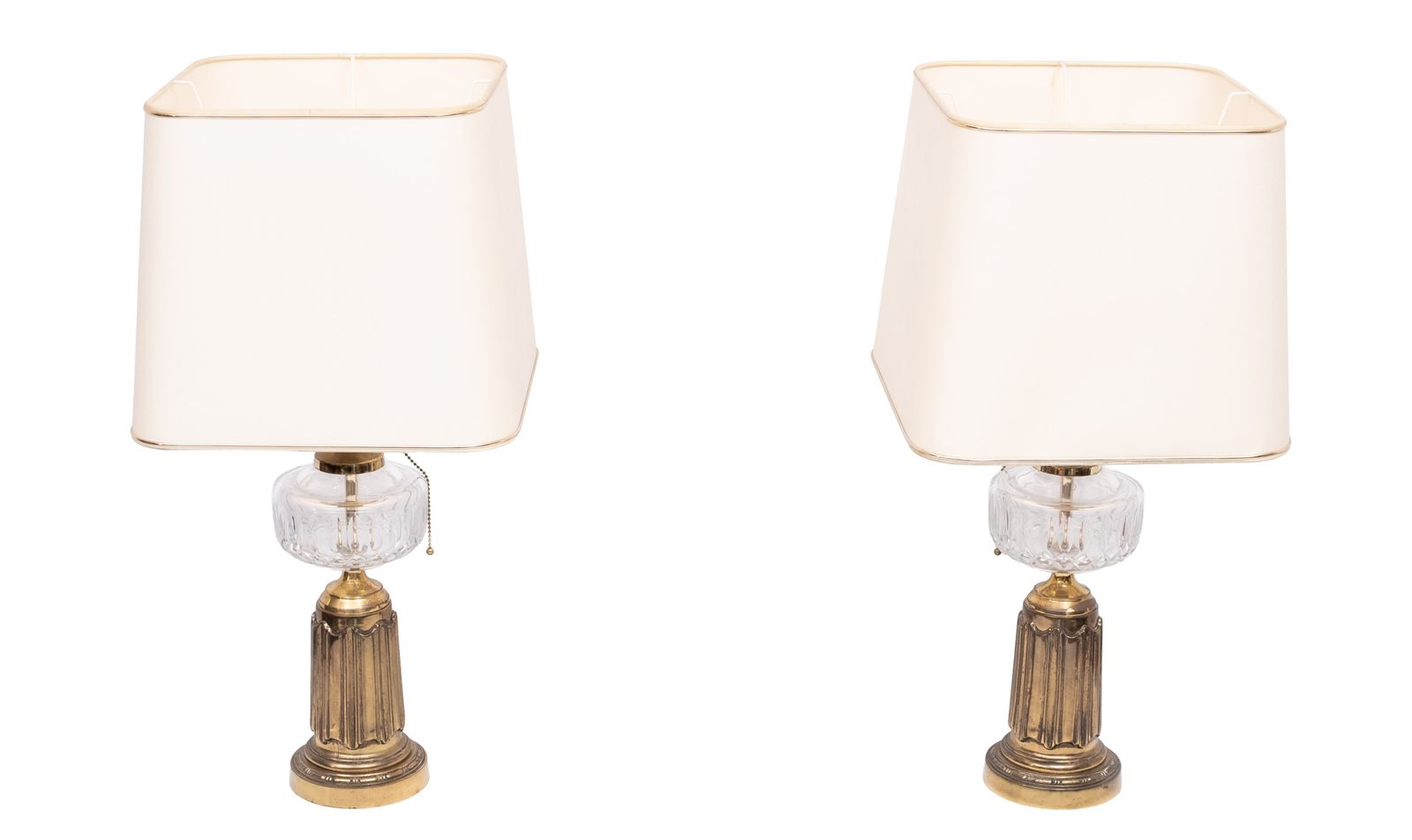 Heyco Set Brass And Crystal Glass Table Lamps With Shades 1960s USA photo for sale