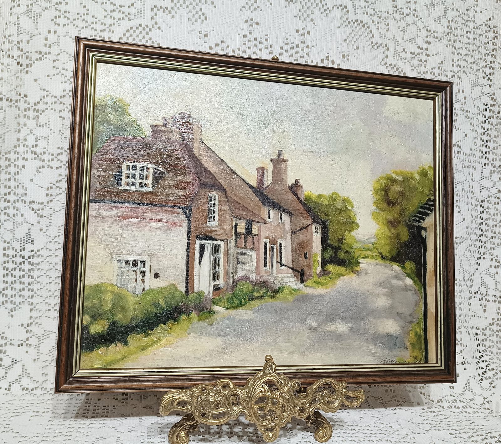 Original Oil Painting Cottages Street Vista Inkburrow Worcestershire Artist Signed Framed. photo Art
