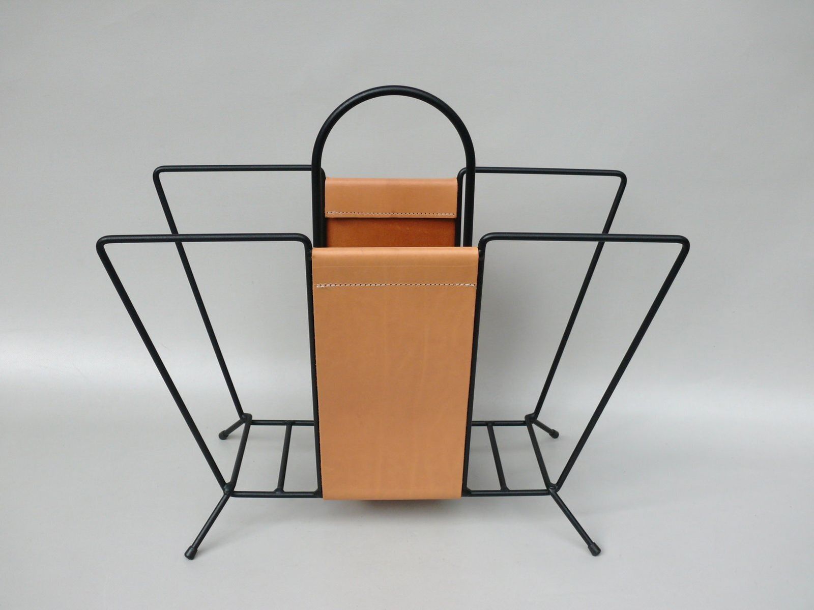 Mid Century Magazine Rack In String Steel Painted Black & Light Leather In The Style Of Jacques Adnet, 1960s