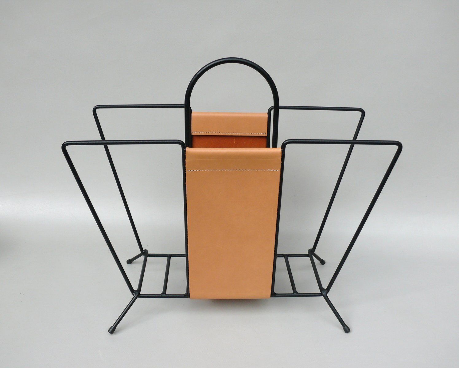 Mid Century Magazine Rack In String Steel Painted Black & Light Leather In The Style Of Jacques Adnet, 1960s photo Home Decor