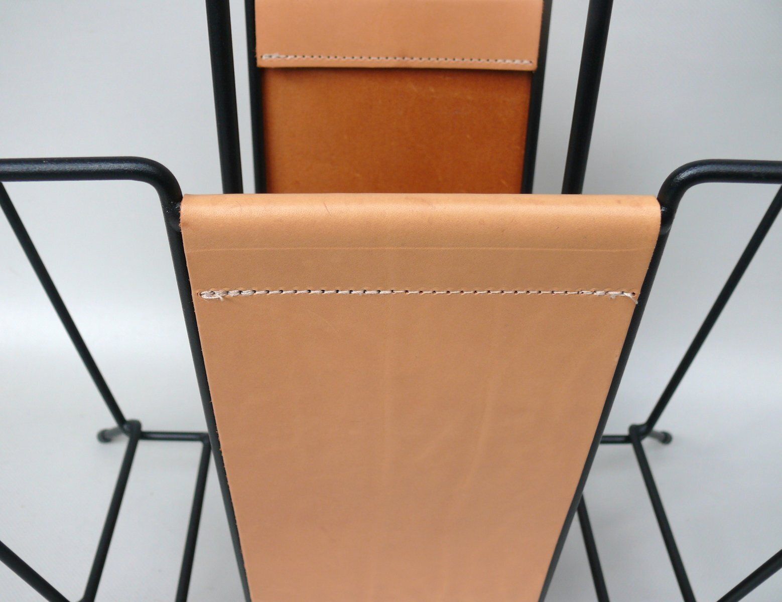 Mid Century Magazine Rack In String Steel Painted Black & Light Leather In The Style Of Jacques Adnet, 1960s photo vinterior