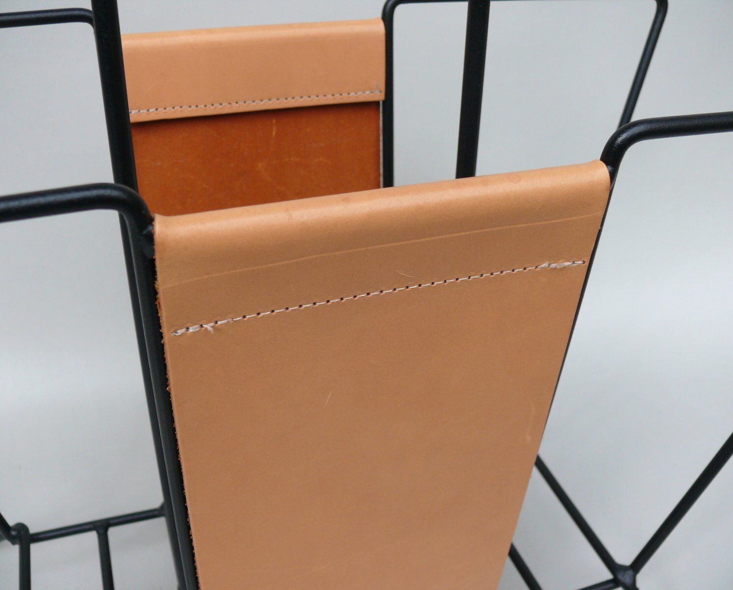 Mid Century Magazine Rack In String Steel Painted Black & Light Leather In The Style Of Jacques Adnet, 1960s photo buy