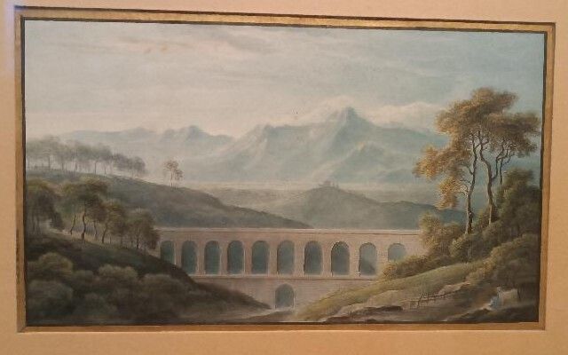 Early 19th Century Watercolor On Paper   Landscape With Aqueduct And Aqueduct Bridge photo for sale