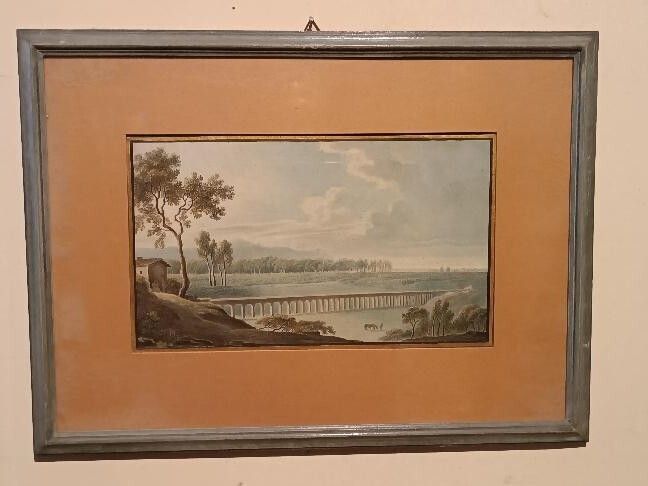 Early 19th Century Watercolor On Paper – Landscape With Aqueduct And Bridge