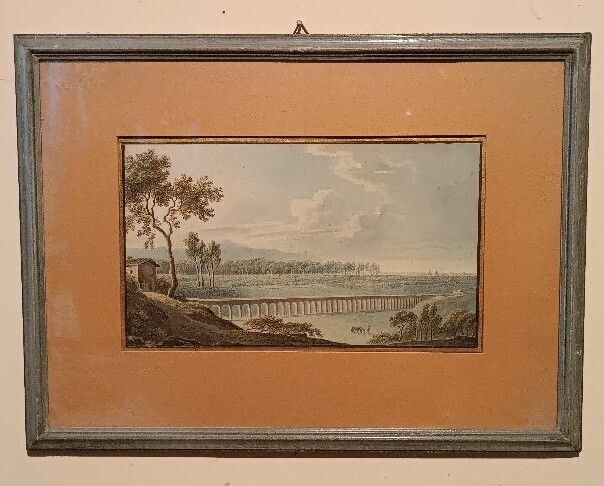 Early 19th Century Watercolor On Paper – Landscape With Aqueduct And Bridge photo furniture