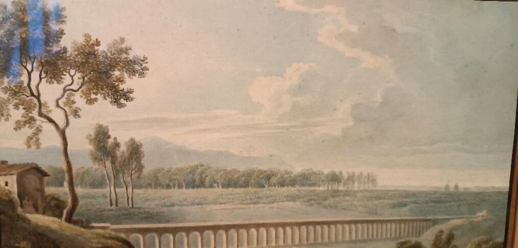 Early 19th Century Watercolor On Paper – Landscape With Aqueduct And Bridge photo vintage
