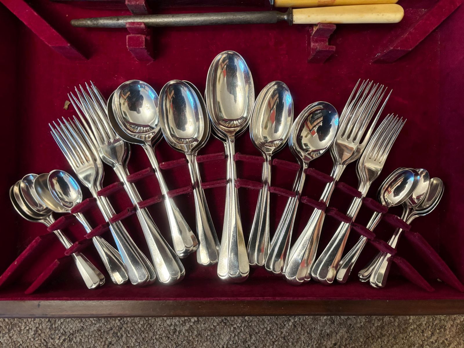 Vintage Silver Plated R.F Mosley 67 Piece Cutlery Set Bovine Bone Mahogany Box photo furniture