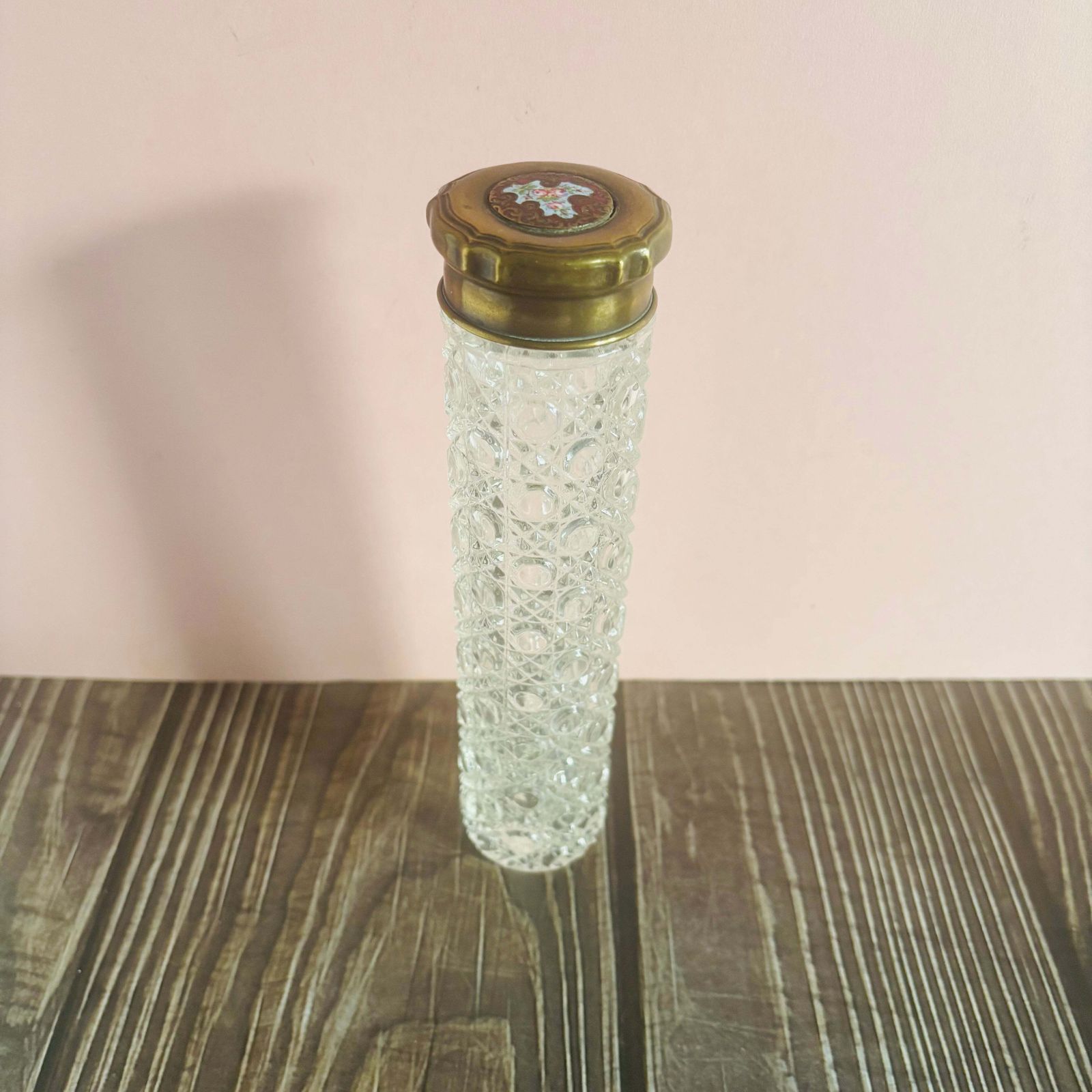 Antique Long Honeycomb Cut Glass Vanity Jar With Enamel Lid photo for sale