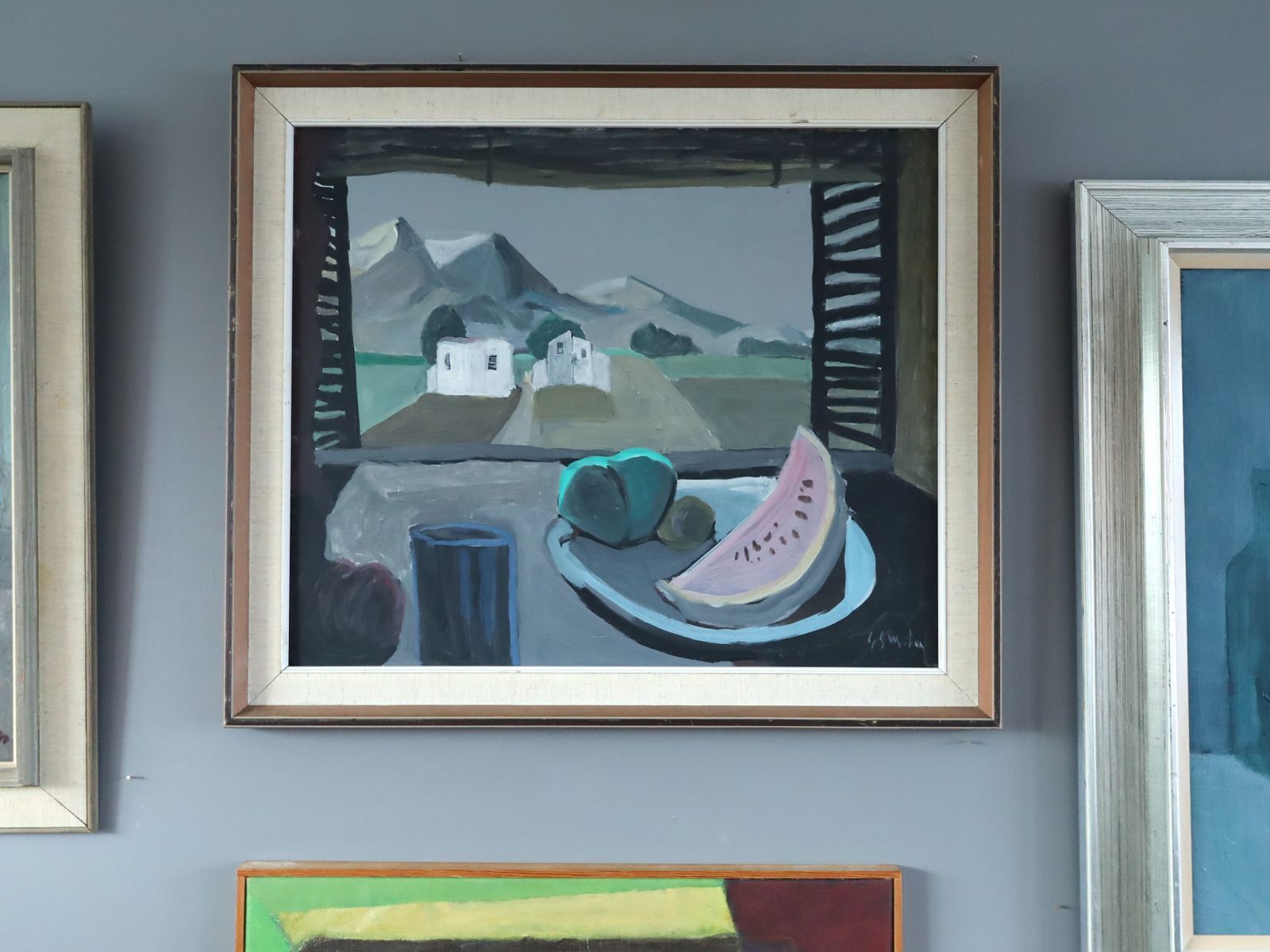 Still Life With Mountain View, Oil Painting photo for sale