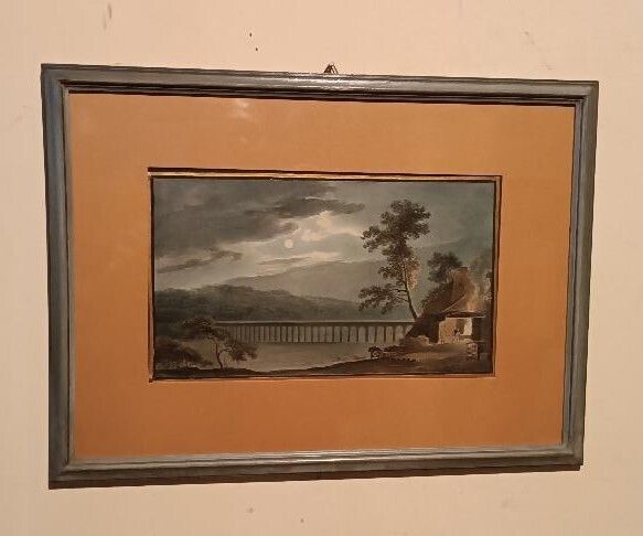 Early 19th Century Watercolor On Paper – Landscape With Aqueduct And Bridge