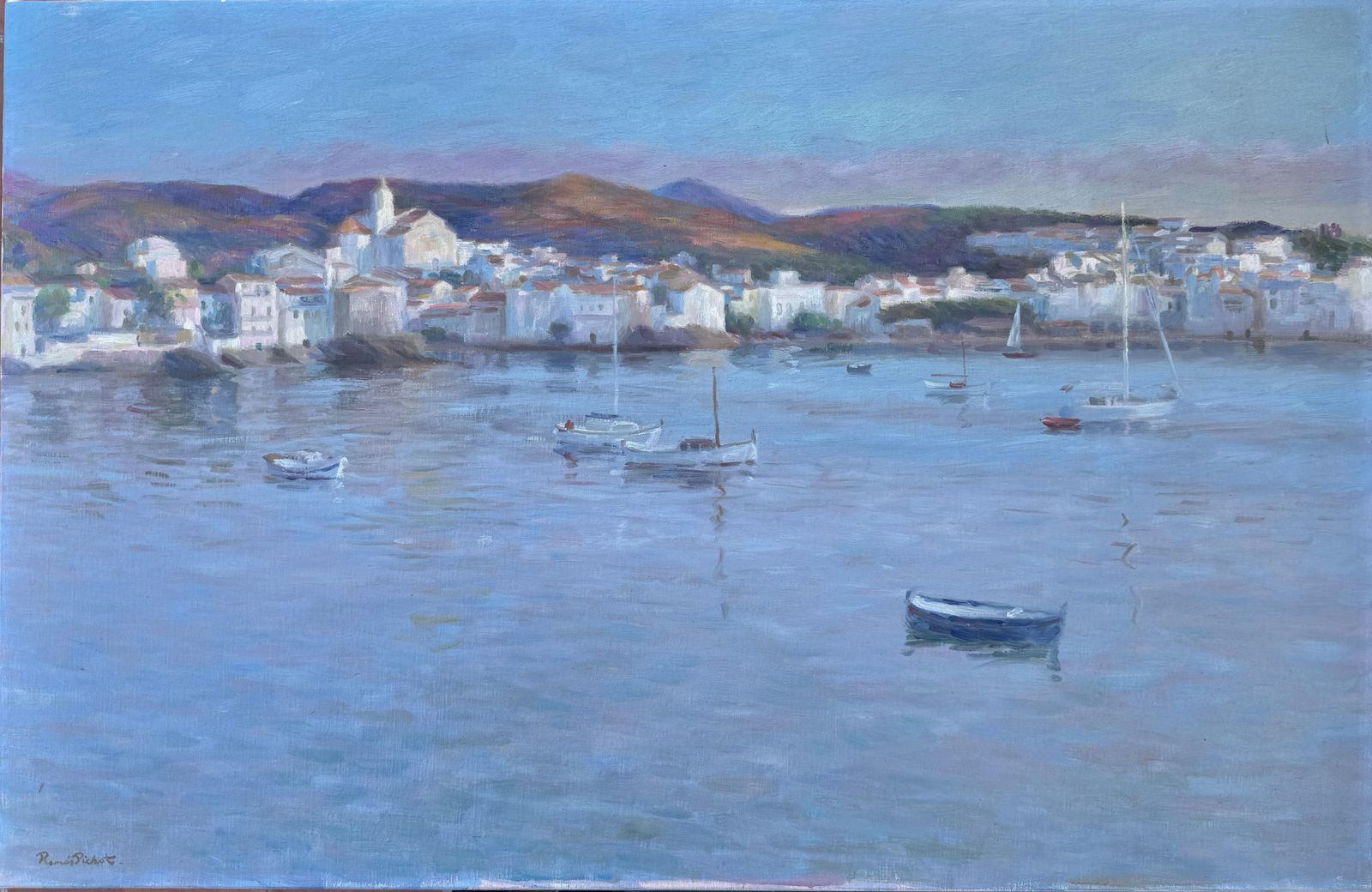 Ramon Pichot I Soler Cadaqués With Boats Oil On Canvas Painting Spanish Seascape Mediterranean Art C.1980