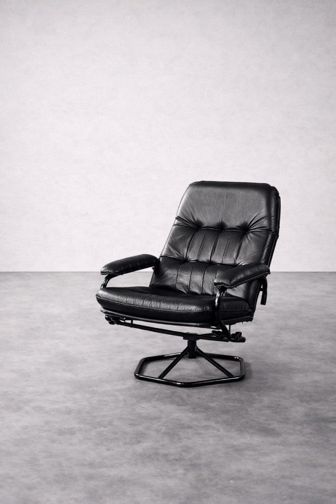 Set Of Mid Century Modern Danish Black Leather Swivel Chair & Ottoman From Unico, 1970s photo vinterior