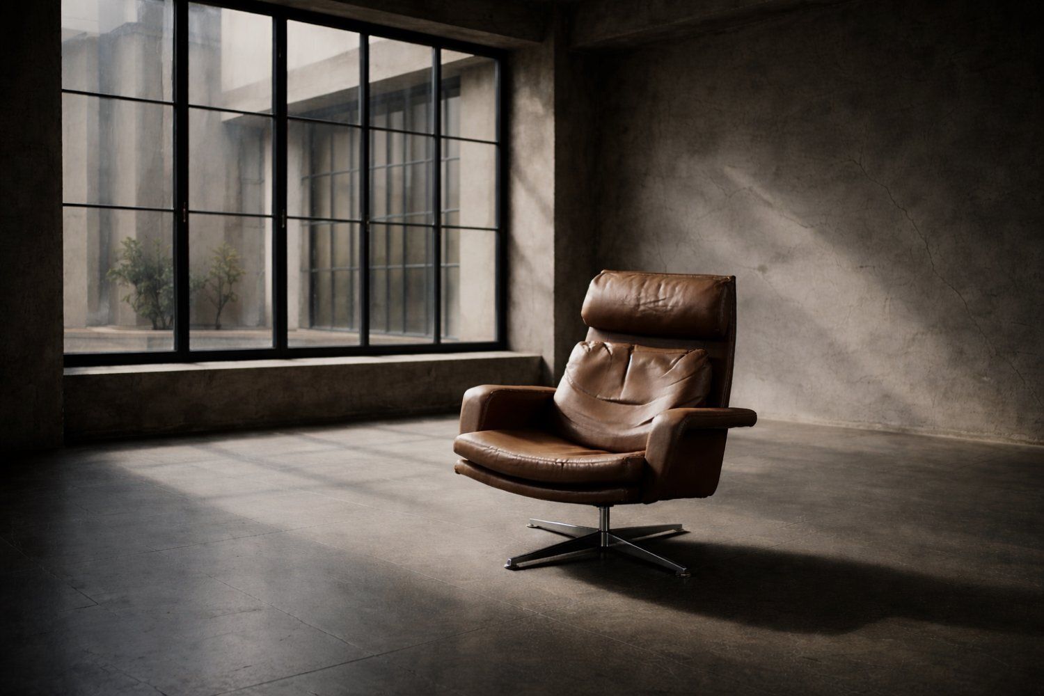 photo vinterior Set Of Mid Century Modern Danish Brown Leather Swivel Chair & Ottoman, 1970s