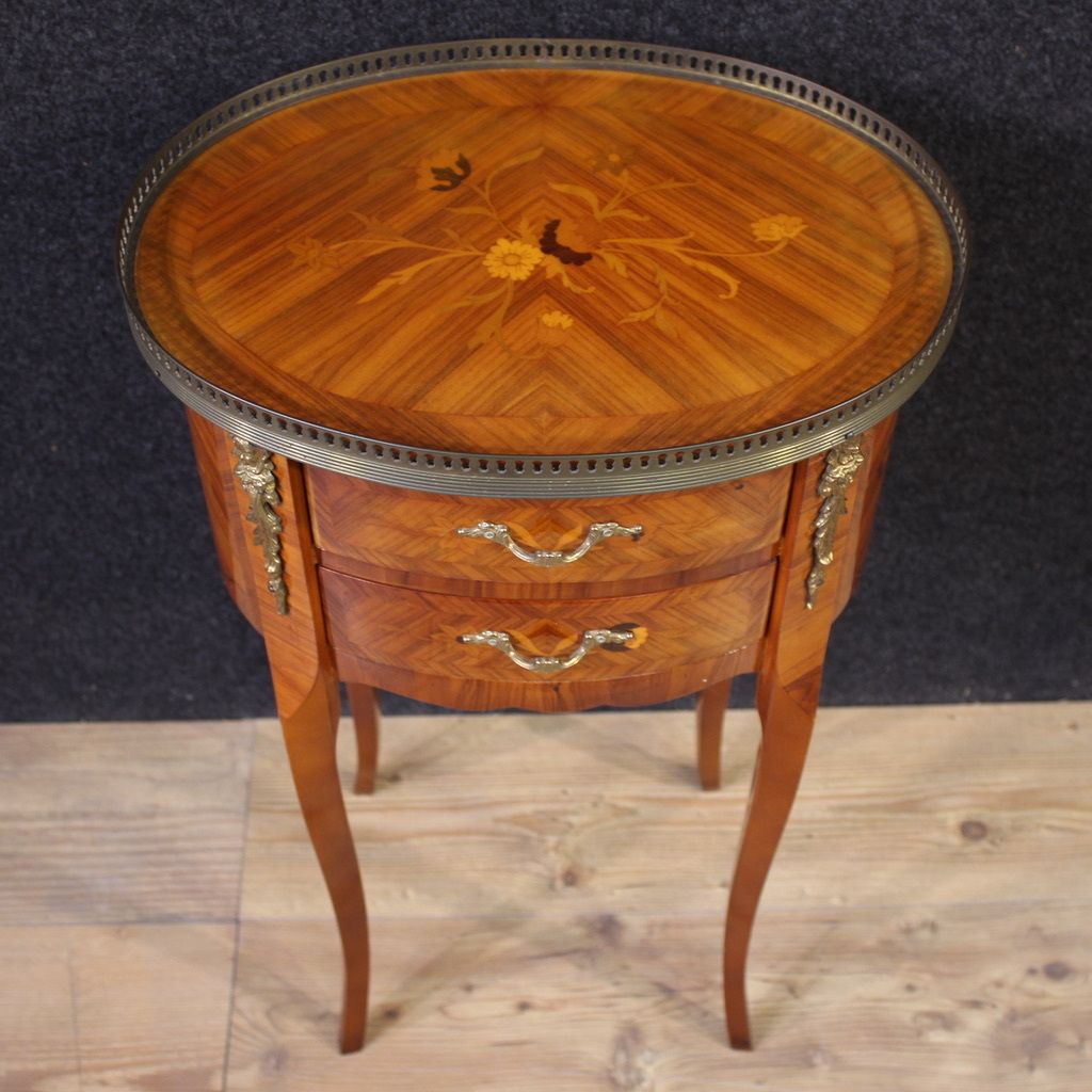 photo for sale Pair Of 20th Century French Oval Inlaid Bedside Tables