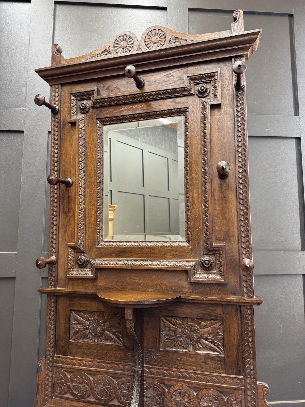 Antique Oak Hallway Coat & Hat Stand With Mirror And Storage photo vinterior