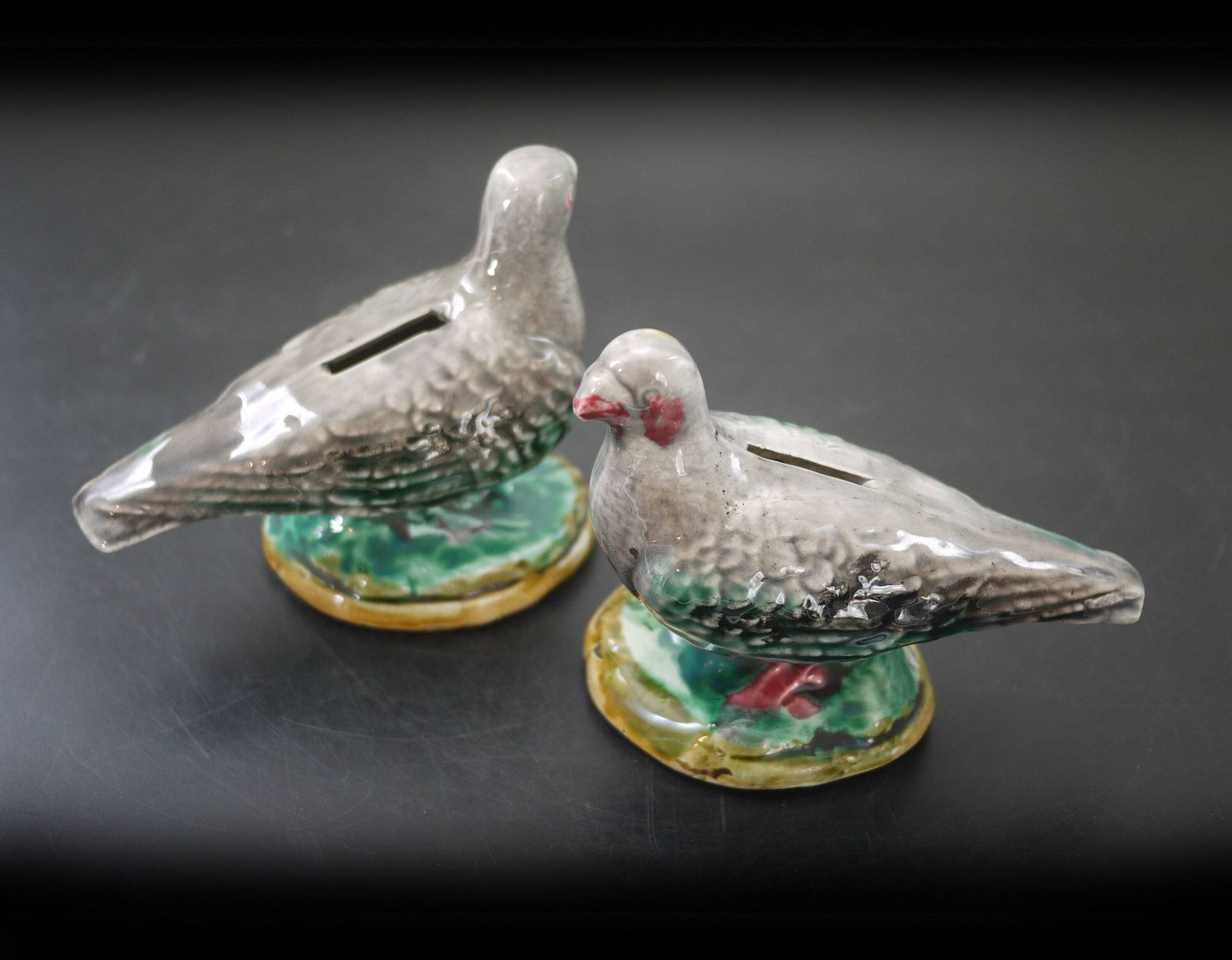 Antique French Majolica Pigeon Money Boxes Pair By Onnaing photo for sale