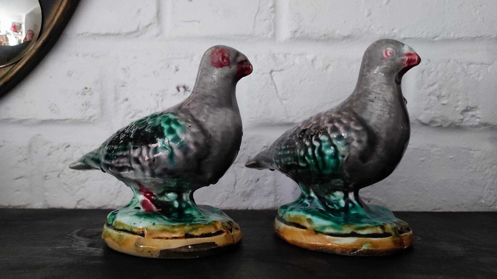 Antique French Majolica Pigeon Money Boxes Pair By Onnaing photo 236.0