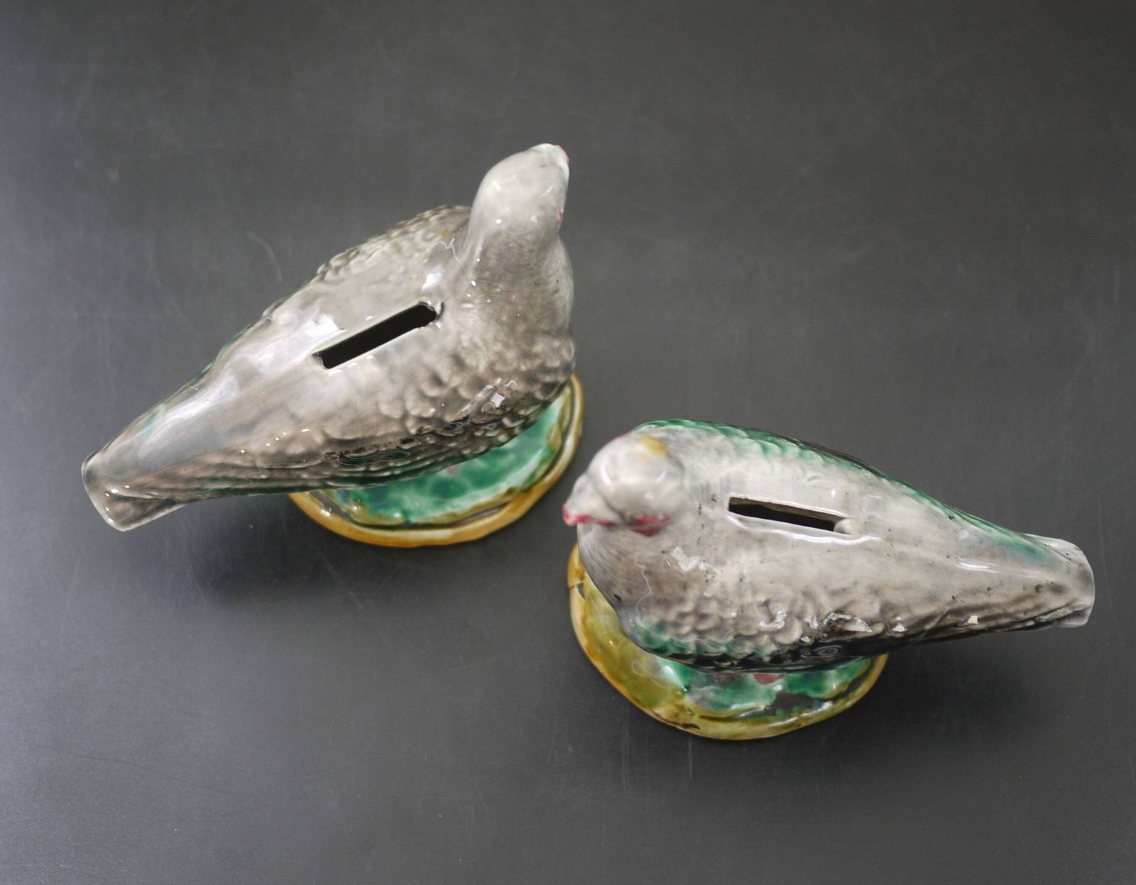 236.0 Antique French Majolica Pigeon Money Boxes Pair By Onnaing photo