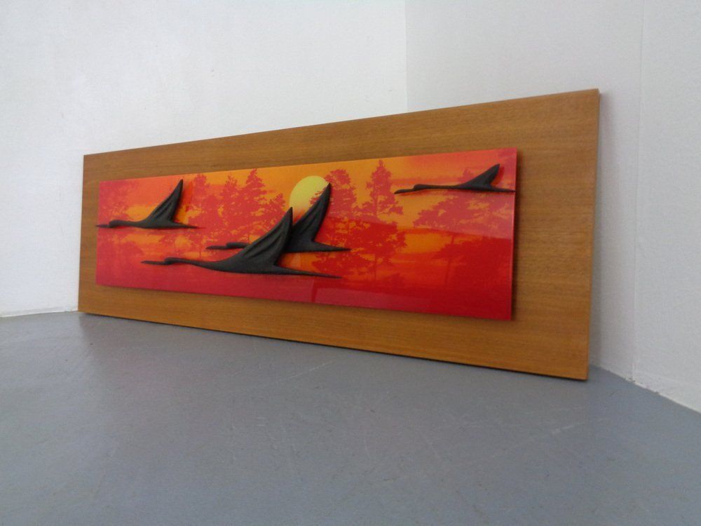 Large Mural With Flying Cranes At Sunset, Germany, 1970s photo for sale