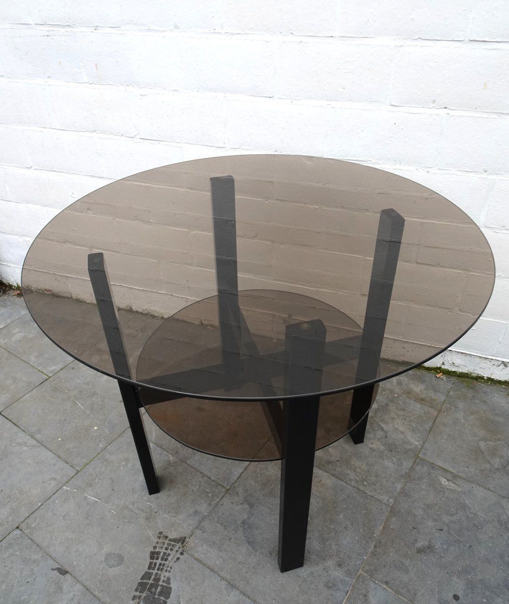 Furniture Minimalist High Metal And Smoke Glass 2 Tiered Side Table, 1980s photo