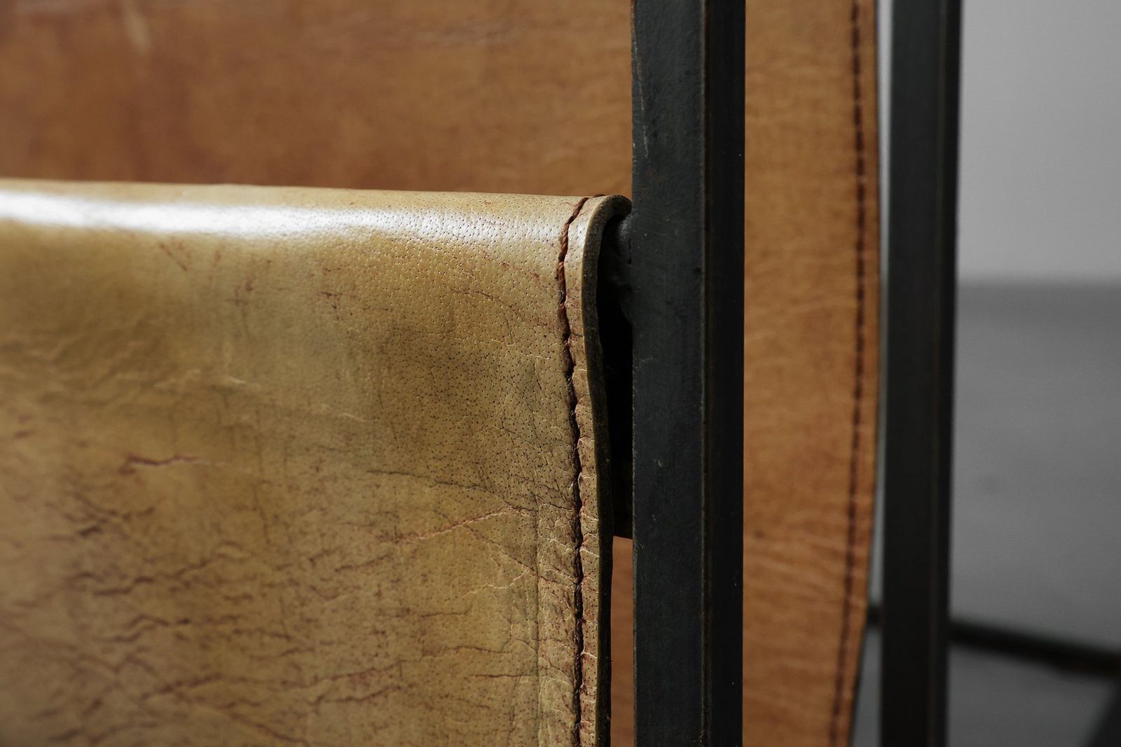 Mid Century Magazine Holder In Metal, Wood And Leather, Belgium, 1960s photo buy