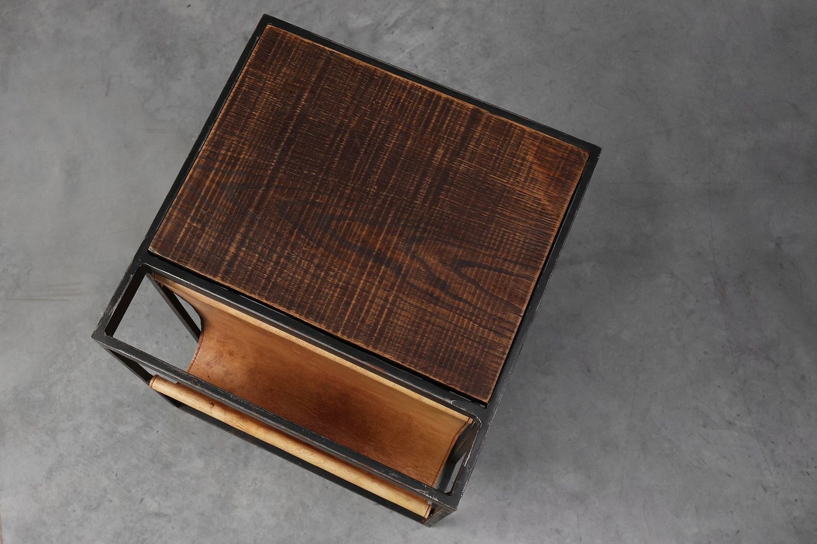 photo for sale Mid Century Magazine Holder In Metal, Wood And Leather, Belgium, 1960s