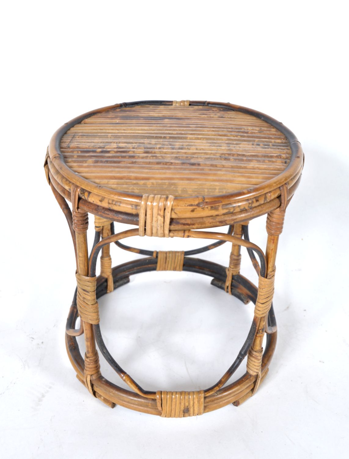 Midcentury Tortoishell Bamboo Wicker Side Table Planter Plant Stand Jardiniere Tiki photo furniture