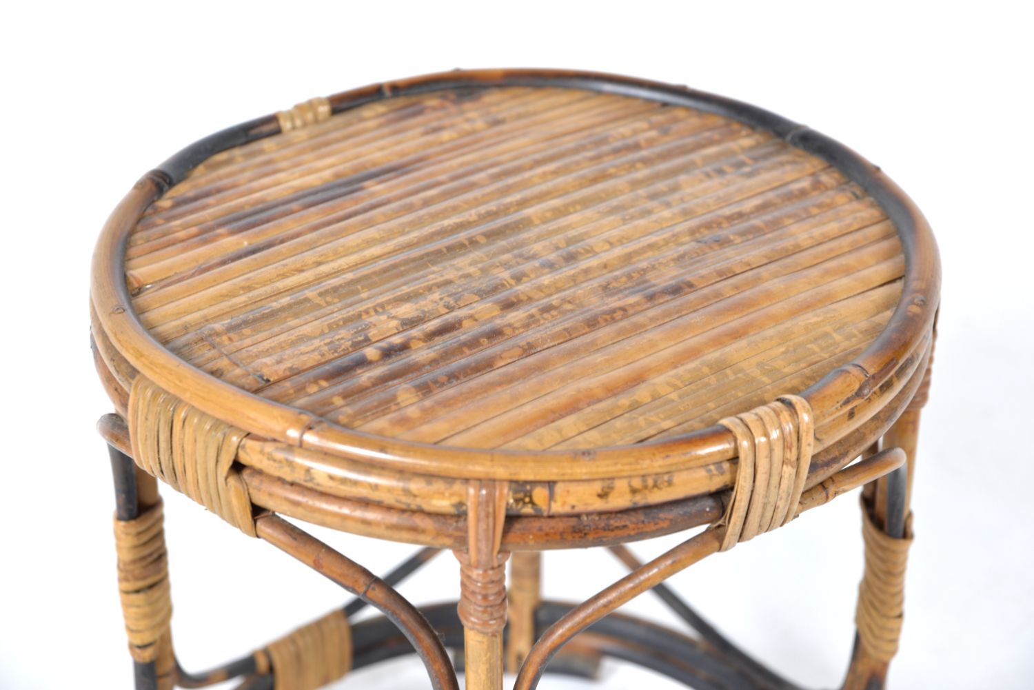 photo for sale Midcentury Tortoishell Bamboo Wicker Side Table Planter Plant Stand Jardiniere Tiki