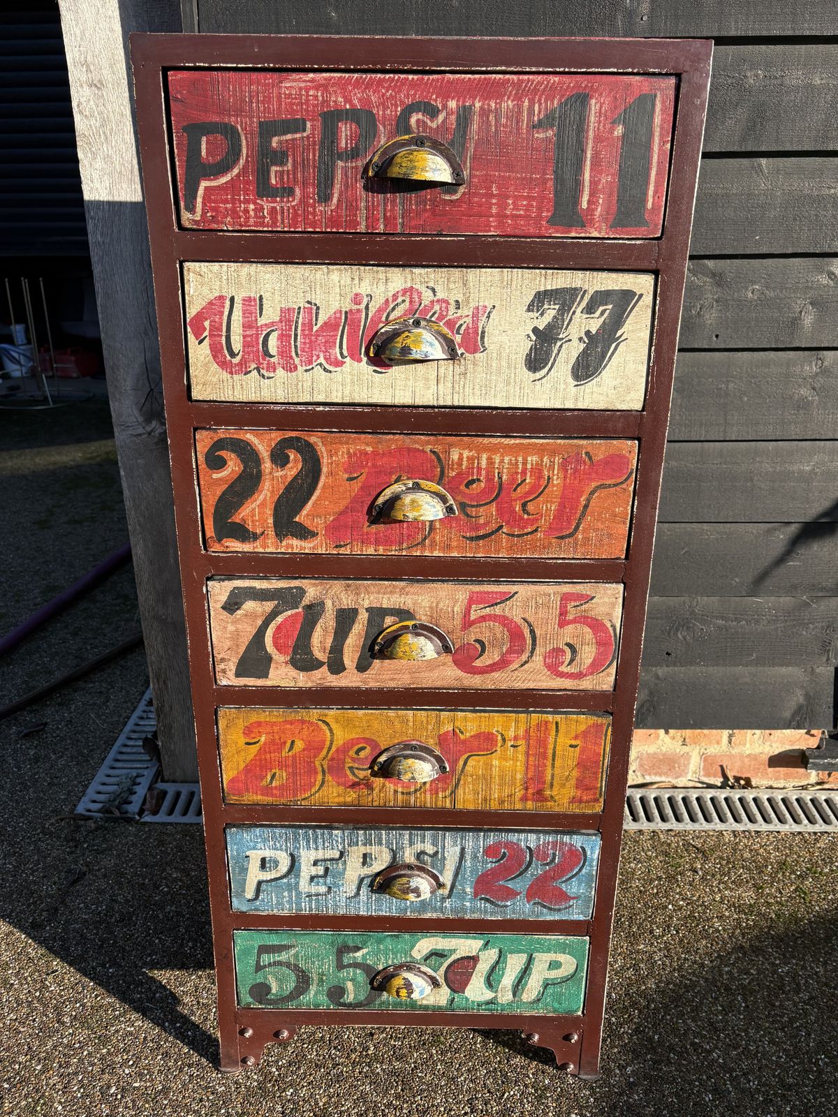 Metal Framed, Wooden Chest Of Drawers Featuring A Leeds Thestre Royal/Popular Drinks Vintage Design photo Furniture