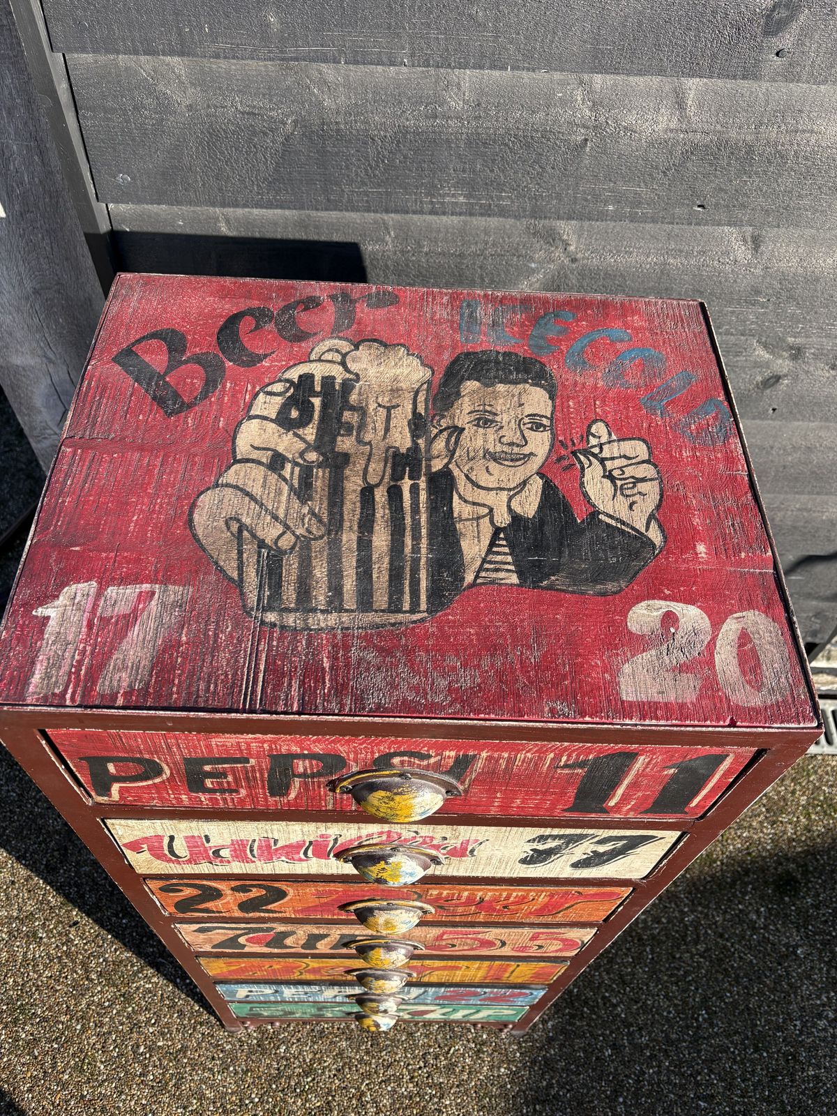 Metal Framed, Wooden Chest Of Drawers Featuring A Leeds Thestre Royal/Popular Drinks Vintage Design photo buy