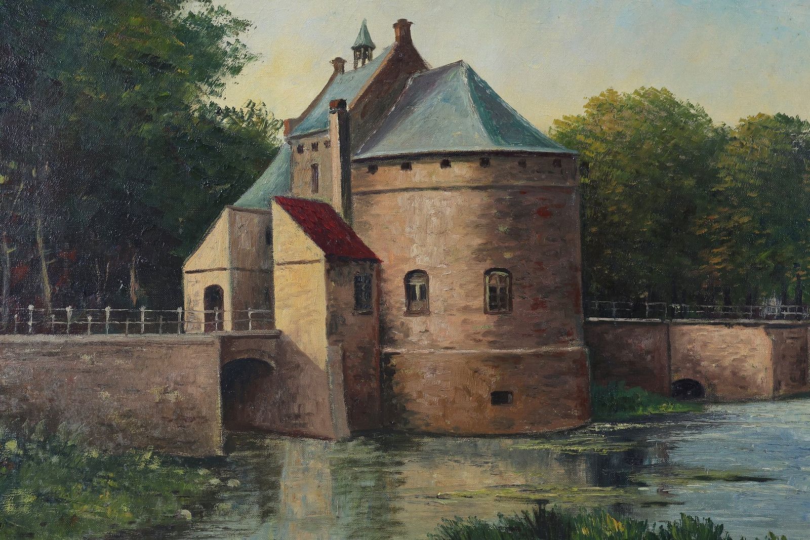 Rustic Landscape Of The Smedepoort Bruges, Belgium, 1950s, Oil On Canvas, Framed photo furniture