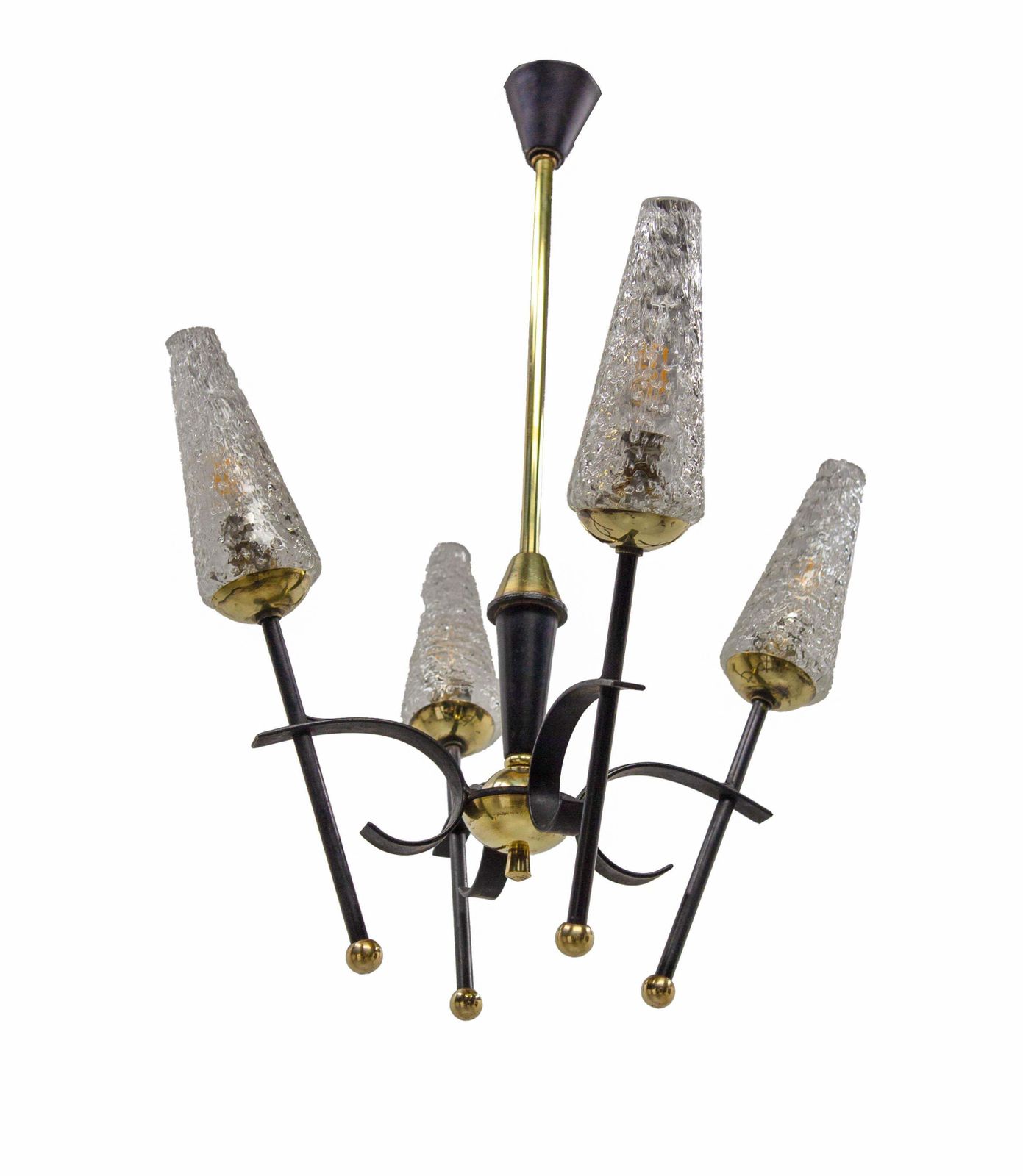 French Chandelier Ceiling Pendant Lustre Four Lamps Black Metal & Brass, C 1960 photo Lighting