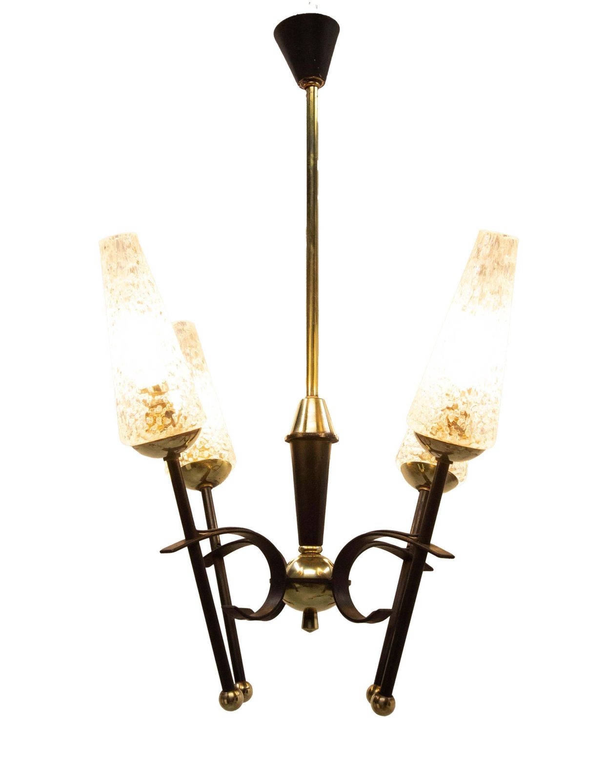 French Chandelier Ceiling Pendant Lustre Four Lamps Black Metal & Brass, C 1960 photo 646.0