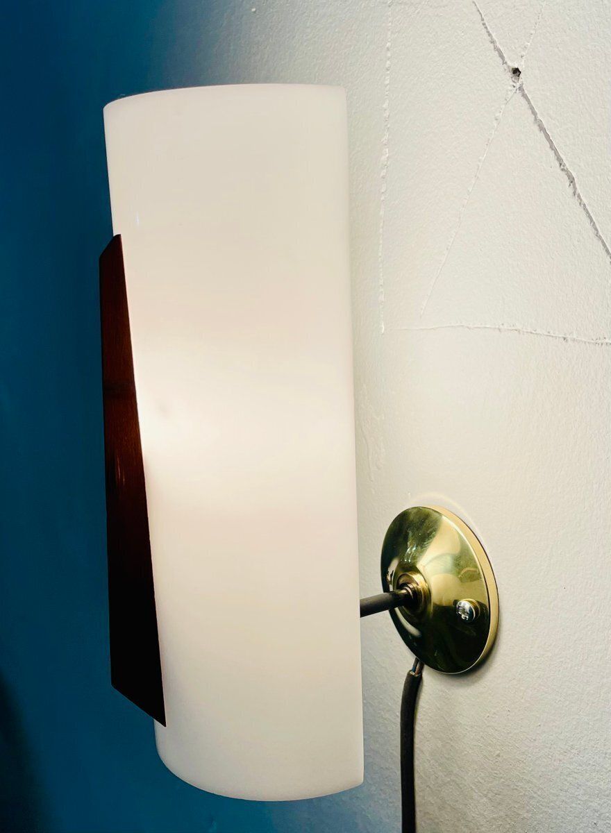Italian Wall Lamp In Black Lacquered Brass, Acrylic Glass And Wood Finish, 1960s photo Lighting