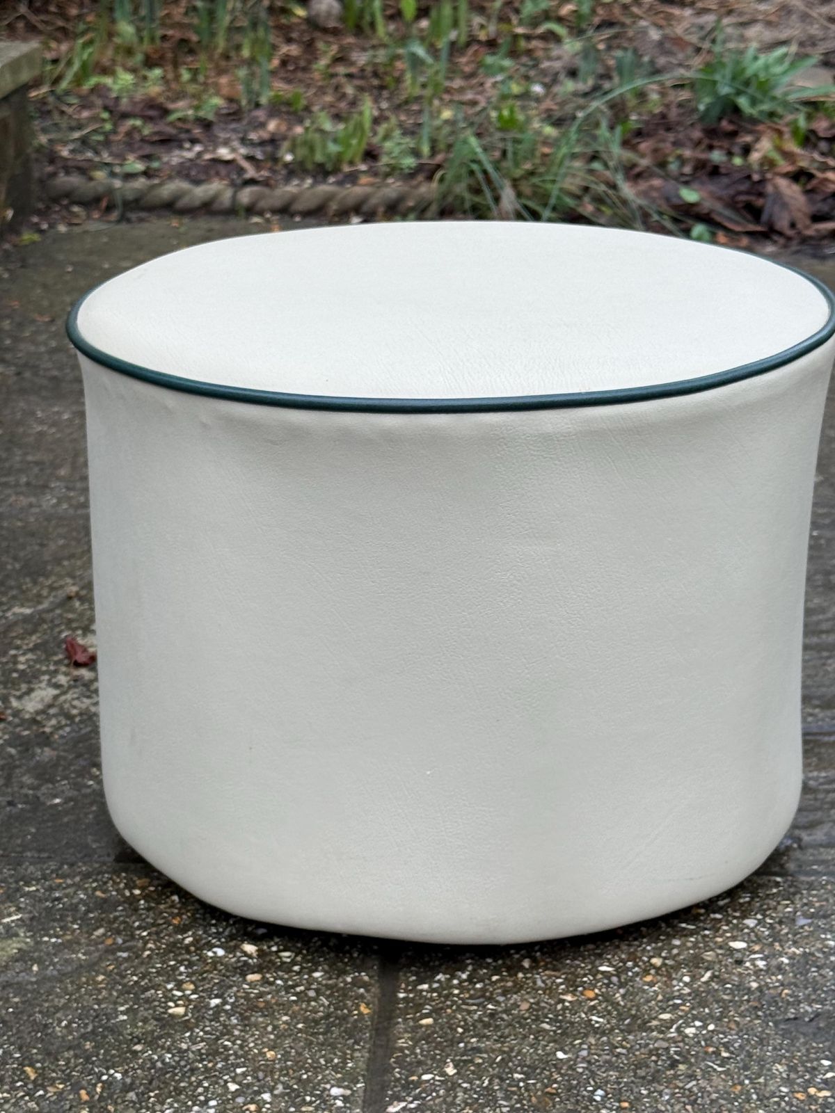 Vintage Faux Leather Cream Cylinder Stool / Ottoman With Dark Green Trim, C. 1970s–Early 1980s photo for sale